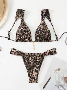 Swim Vcay 2 piezas Conjunto de traje de baño de mujer con estampado de leopardo, estampado aleatorio de verano