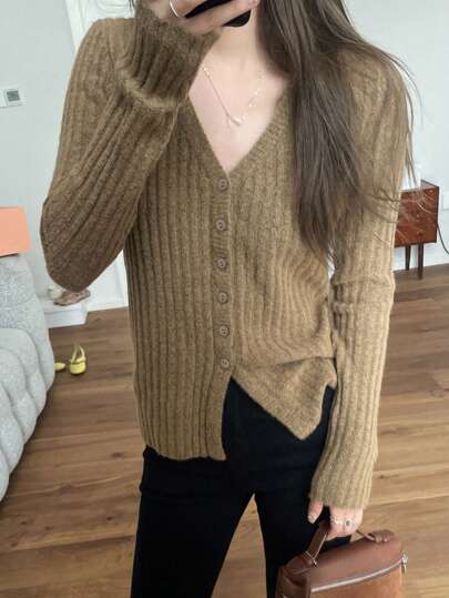 Cardigã casual slim fit texturizado com decote em V, primavera/outono