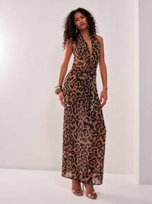 MUSERA Sexy Leopard Deep Plunge Cowl Neck Drape Detail Maxi Dress Elegant Spring Summer Going Out Long Dress - Multicolor - View 1