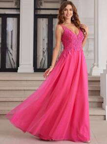 女士闪亮亮片刺绣网眼无袖派对礼服手工串珠蕾丝舞会礼服 A 字形系带后背亮片 V 领舞会礼服及地长背心返校节礼服青少年 - 玫紅色 - 查看 8