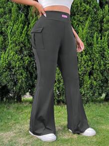 SHEIN EZwear Women's Plus Size Knitted Stretch Solid Color Flare Pants With Pocket - Grey - View 4