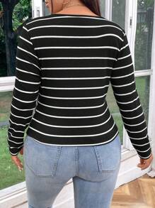 SHEIN Essnce Plus Size Women Buttoned V-Neck Black White Striped Slim Fit Long Sleeve T-Shirt, Casual & Versatile, Daily Wear - Black and White - View 2