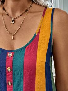 EMERY ROSE Colorful Wide-Striped Round Neck Sleeveless A-Line Suspender Dress, Spring/Summer