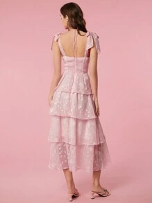 Enchnt 花卉提花帶肩層疊襬鬆緊罩衫連身裙 - 淺粉色 - 查看 3