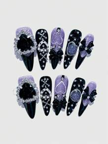 ROMWE Grunge Punk 10pcs Sweet & Cool Heart-Shaped Bow Artificial Nail Pieces And 1 Roll Of Adhesive Tape