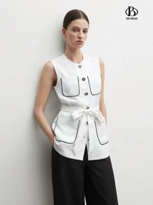 BizChic 女士休闲拼色前纽扣背心，配有口袋和撞色饰边，秋季女装 - 白色 - 查看 1
