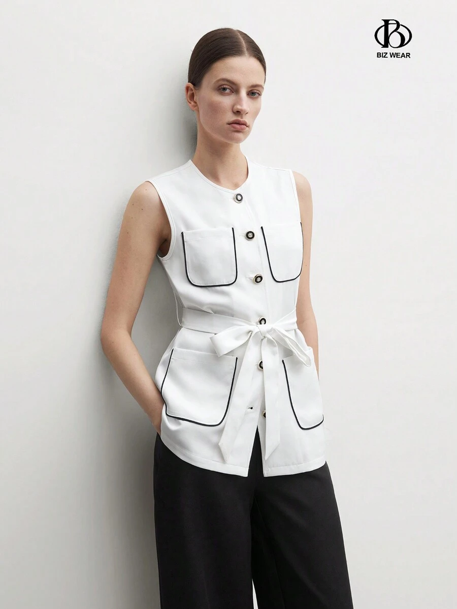 BizChic Áo vest cài nút màu khối đơn giản cho nữ có túi và viền tương phản trang phục thu cho nữ - trắng - Xem 1