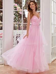 Vestido Longo de Formatura Elegante com Alças Finas Rosa, com Corpete Bordado e Saia de Tule com Babados, Perfeito para Festa - Rosa chiclete - Visão 6
