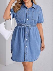 SHEIN Essnce Women's Plus Size Simple Solid Color Short Sleeve Denim Dress For Daily Wear - Light Wash - View 1
