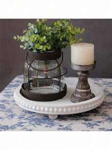 1PC Decor 12in Round Tray For Home Decor- White Wood Beaded Tray- Decorative Round Tray For Living Room Decor Coffee Table Decor Kitchen Table Decor Or Farmhouse Serving Tray - White - View 1