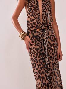 MUSERA Sexy Leopard Deep Plunge Cowl Neck Drape Detail Maxi Dress Elegant Spring Summer Going Out Long Dress - Multicolor - View 3
