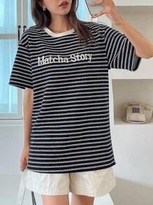 DAZY 女式夏季条纹字母印花圆领休闲落肩袖T恤，图案T恤 - 黑色 - 查看 3