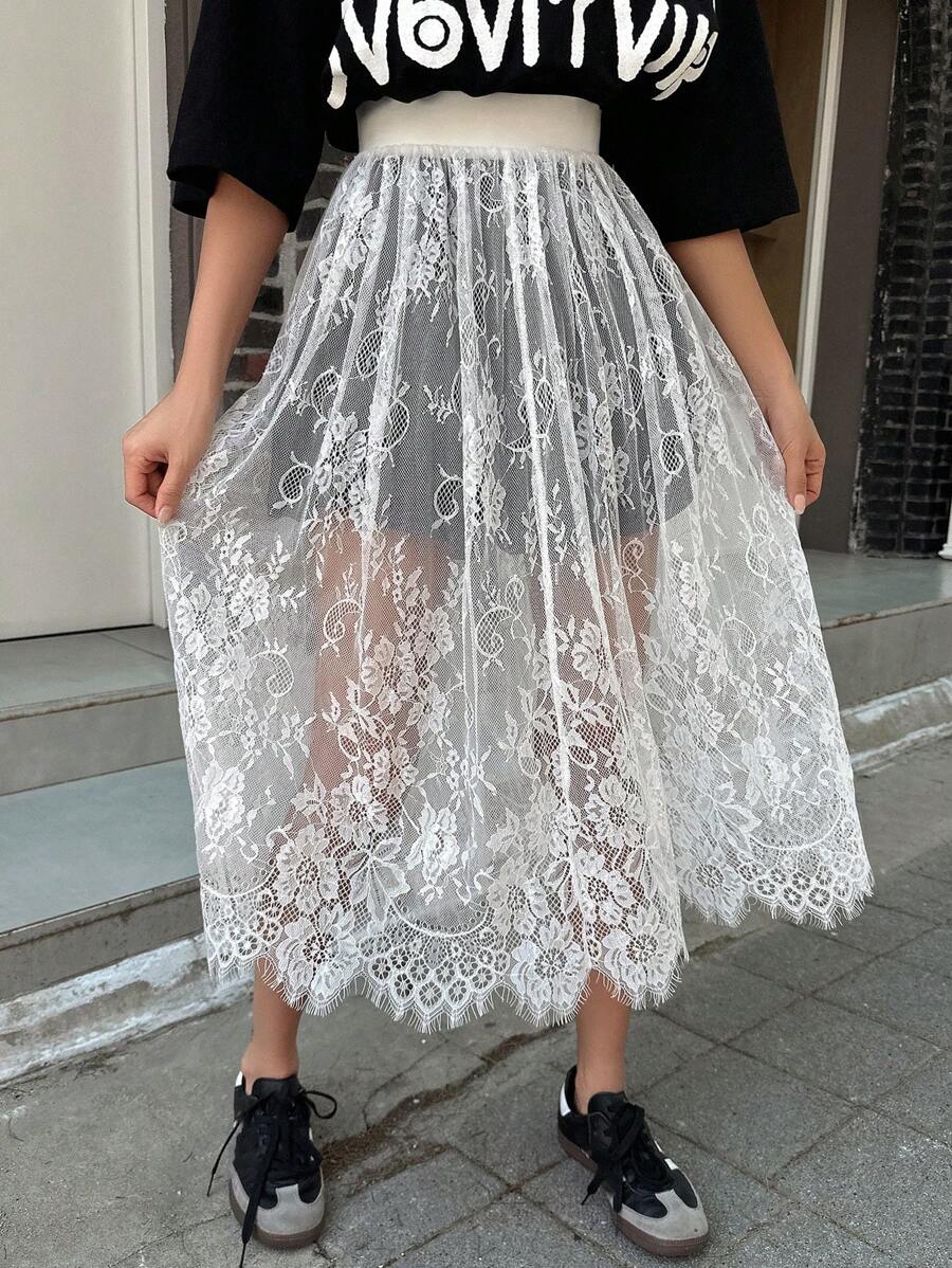 DAZY 女性實色高腰蕾絲裙 - 白色 - 查看 1