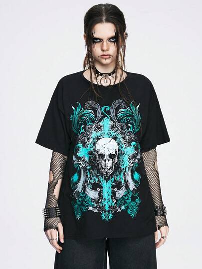 ROMWE Goth Halloween Skull & Cross Oversized Distressed Snow Wash T-Shirt For Women