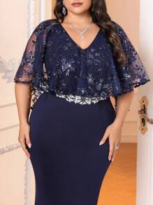 SHEIN Belle Vestido de madre de estilo sirena elegante azul marino talla grande, con detalles de lentejuelas lujosos en telas elásticas, escote en V, mangas tipo capa y perfecto para ocasiones formales. - Azul Marino - Ver 5