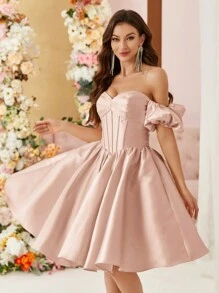 SHEIN Belle 女士纯色露肩短款泡泡袖优雅鸡尾酒会礼服舞会半正式婚礼宾客礼服，适合生日、毕业典礼、返校节 - 粉色 - 查看 9