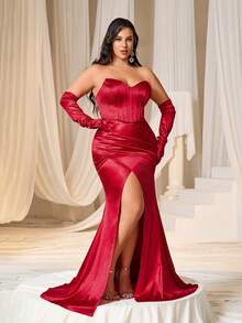 Faeriesty Váy dạ hội trang trọng cỡ lớn không dây cong có đường xẻ cao và viền váy đuôi cá dành cho tiệc tối Gala, lễ trao giải, tiệc khiêu vũ, tiệc từ thiện và tiệc chiêu đãi sang trọng (bao gồm găng tay) - Đỏ - Xem 5