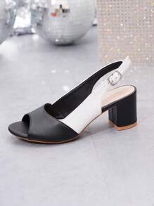 Sandalias de tacón grueso y punta abierta con correa trasera para mujeres, simples y modernas en negro y blanco, zapatos de verano con tacón alto - Blanco y Negro - Ver 7