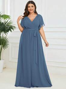 Elegant V-Neck Ruffle Sleeve Floor Length Bridesmaid Dress - Dusty Blue - View 6