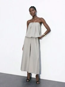 Maija Bộ 2 món vải lanh ống rộng lệch vai thường ngày mùa hè dành cho nữ - Xám - Xem 4
