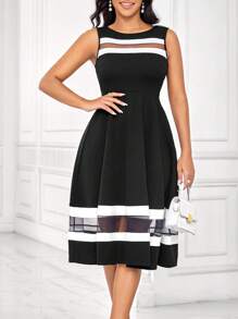 SHEIN Lady Women's Sleeveless Black And White  Color Block A-Line Dress Women Vintage Clothes Teacher Dress   Women Dresses - Multicolor - View 3