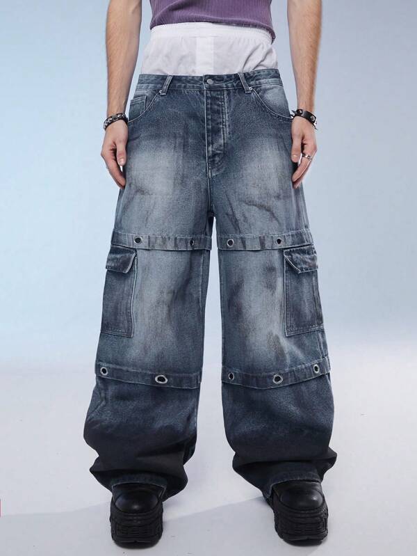 Manfinity Denimwave Men's Loose-Fit Wide Leg Casual Denim Jeans With Multiple Pockets, Street Style