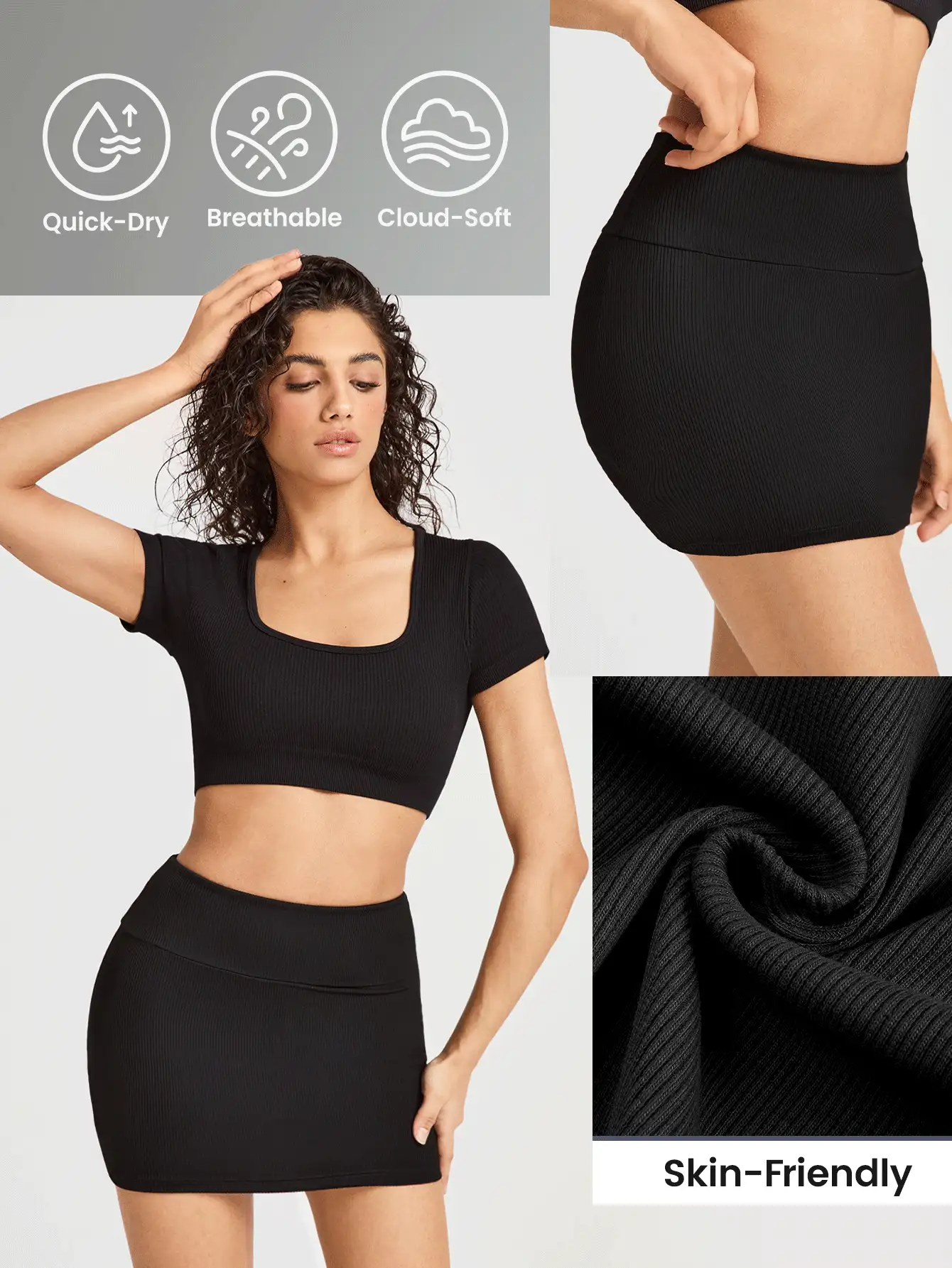 Easithlete Falda deportiva de yoga de cintura alta para mujer, unicolor y ajustada al Body - Negro - Ver 3