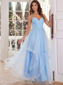 Luxury Lace Prom Dresses Long With Puffy Hem 3D Flower Rhinestone Spaghetti Strap Tulle Ball Gown Hand Beading V Neck Formal Evening Gowns Lace Up Back Homecoming Dresses For Teens - Baby Blue - View 8