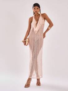 MUSERA Sexy Sheer Halter Cowl Neck Maxi Dress Summer Vacation Spring Beach Wedding Guest, Elegant, Date Night, - Apricot - View 1