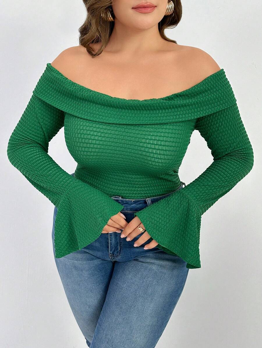 Mulvari Plus Size Nữ Xuân/Hè Màu Trơn Trễ Vai Áo Phông Slim Fit Có Tay Chuông - màu xanh lá - Xem 1