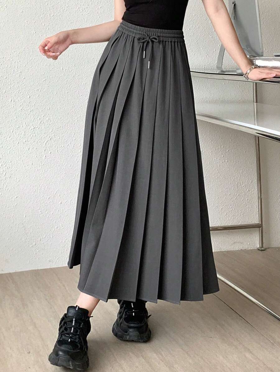 DAZY 纯色抽绳腰褶裙 - 灰色 - 查看 1