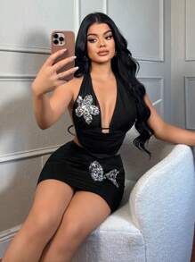 SHEIN SXY 亮片针织垂褶领上衣和裙子，适合约会之夜生日休闲性感秋冬 - 黑色 - 查看 4