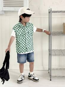 SHEIN 3pcs/Set Young Boy Sporty Preppy Plaid Pocket Sleeveless Jacket,Solid Color Short Sleeve T-Shirt And Denim Shorts,Back-To-School Summer Street Wear - Multicolor - View 1