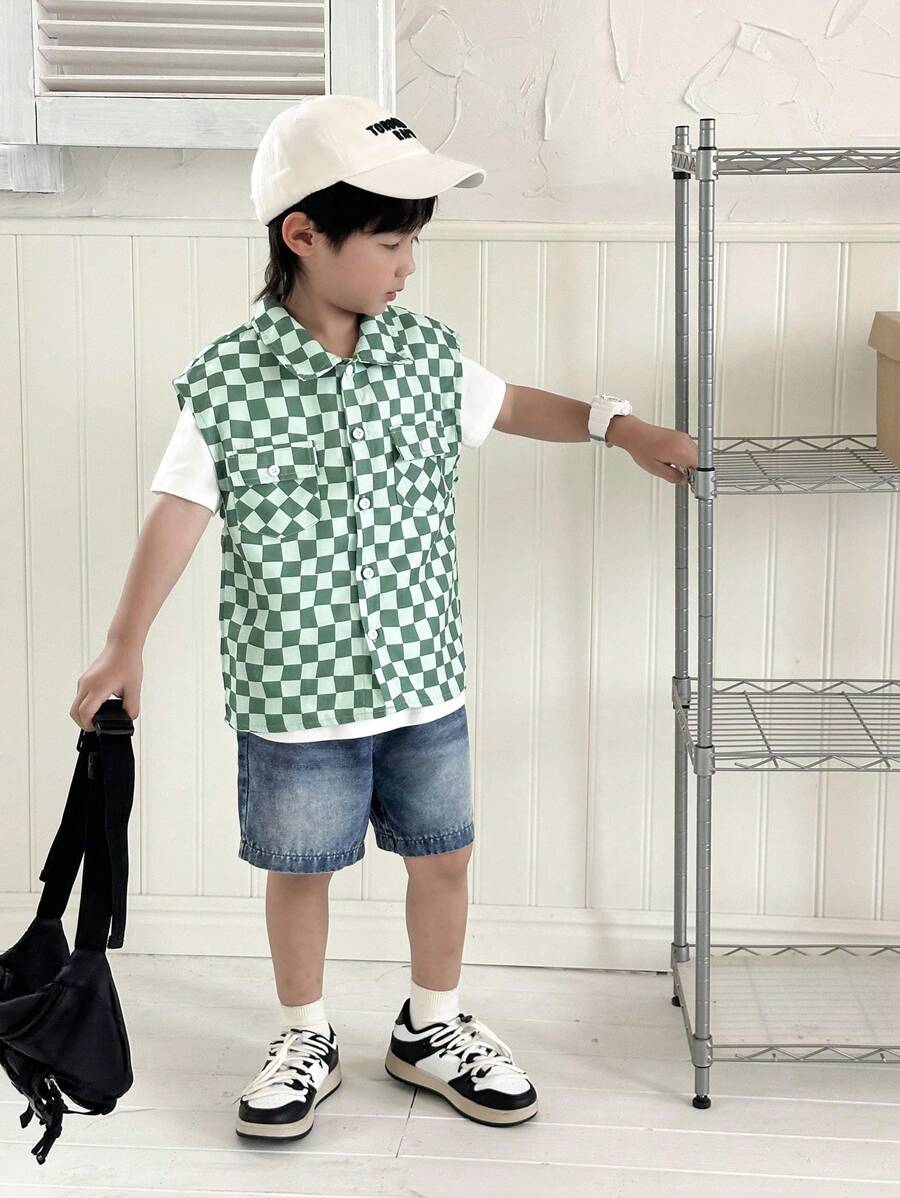SHEIN 3pcs/Set Young Boy Sporty Preppy Plaid Pocket Sleeveless Jacket,Solid Color Short Sleeve T-Shirt And Denim Shorts,Back-To-School Summer Street Wear - Multicolor - View 1