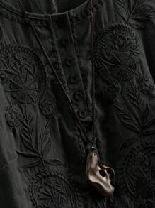 SHEIN LUNE 夏季植物刺繡泡泡袖襯衫加大號 - 黑色 - 查看 7