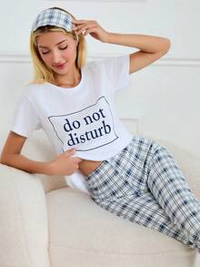 RueChic 2 件标语印花细节袖衬衫和格子印花细节睡裤睡衣套装 - 白色 - 查看 4