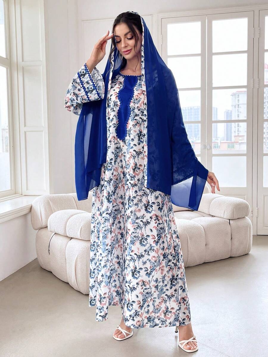 Al Najma 圆领花卉拼布纯色流苏下摆阿拉伯连衣裙，配头巾，端庄大方 - 藍色 - 查看 1