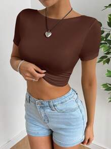 Muchica 無背扭結短袖短款修身T卹，女款夏季純色款 - 棕色 - 查看 2