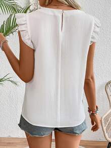 Blusa sin mangas de verano con cuello redondo para mujer, de unicolor y con pliegues y encaje - Beis - Ver 2