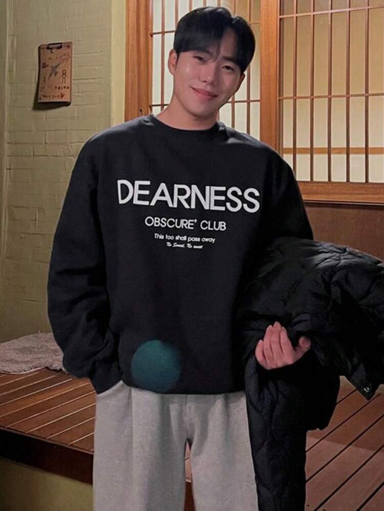 Men's Loose Round Neck Long Sleeve Casual Sweatshirt With Letter Print, Autumn Back To School