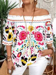 Áo sơ mi in định vị co giãn lệch vai Plus Size - trắng - Xem 5