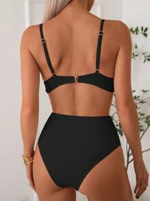 SHEIN Swim 女士純色交叉胸前性感比基尼套裝，適用於夏季沙灘（帶有加強墊片和鋼圈） - 黑色 - 查看 2