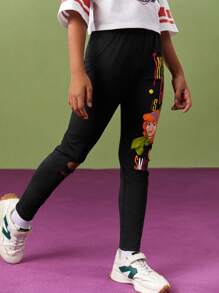 SCOOBY-DOO X SHEIN Tween Girl Cartoon Printed Ripped Black Leggings, Direct Injection Printing - Black - View 6