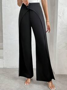 SHEIN Privé Women's Solid Color Simple Everyday Long Pants - Black - View 9