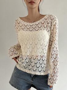 DAZY 女士长袖透明网眼圆领上衣外出上衣夏季 - 杏色 - 查看 6