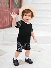 Baby Boy Paisley Scarf Print Tee & Shorts - Black - View 3