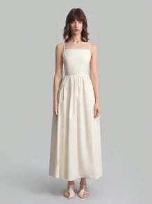 Ontre Women's Apricot Color Long Strap Cotton Dress, Autumn Dress For School & Casual Wear
