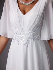 V-Neck Ruffle Sleeve Embroidered Waist Wedding Dress - White - View 3