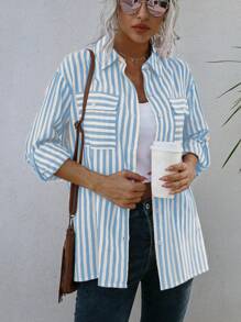 SHEIN LUNE 條紋印花落肩袖襯衫 - 淺藍色 - 查看 6