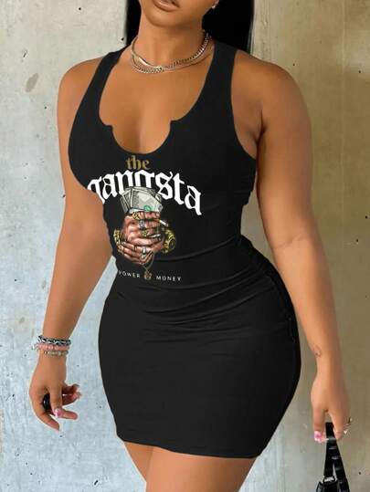 Slaydiva Vestido de tirantes ajustado informal con estampado de letras y cigarrillos para mujer, verano